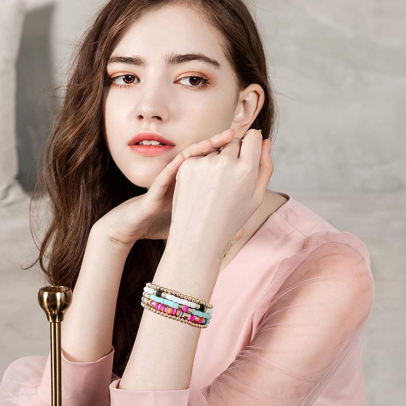 GOOJIDS Surfer Heishi Clay Bead Bracelets for Women Bohemian Stackable Gold Plated Beaded Stretch Bracelets Elastic Layering Friendship Bracelets Set Boho Jewelry - Image 4
